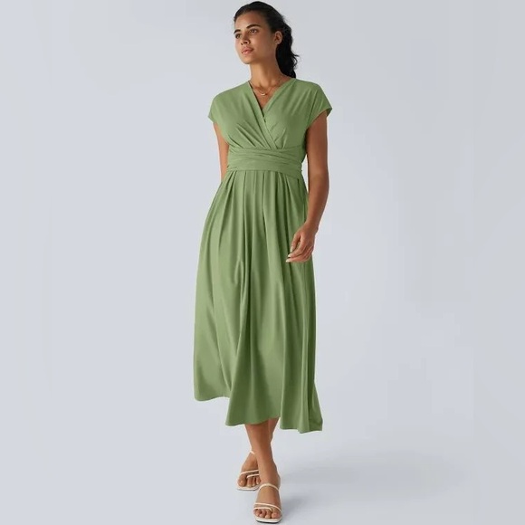 HALARA Dresses & Skirts - Halara Breezeful Short Sleeve Pocket Tie Back Quick Dry Midi Dress wasabi green